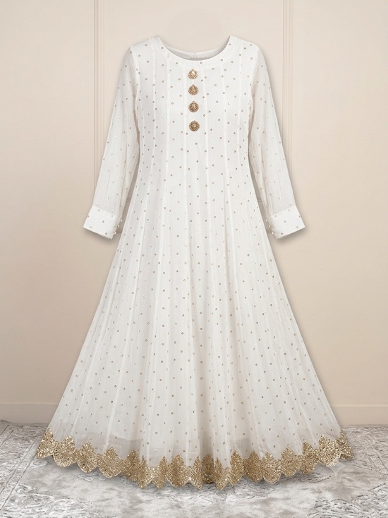 Other - Embroidered White A-Line Dress frock anarkali with Gold Accents Large